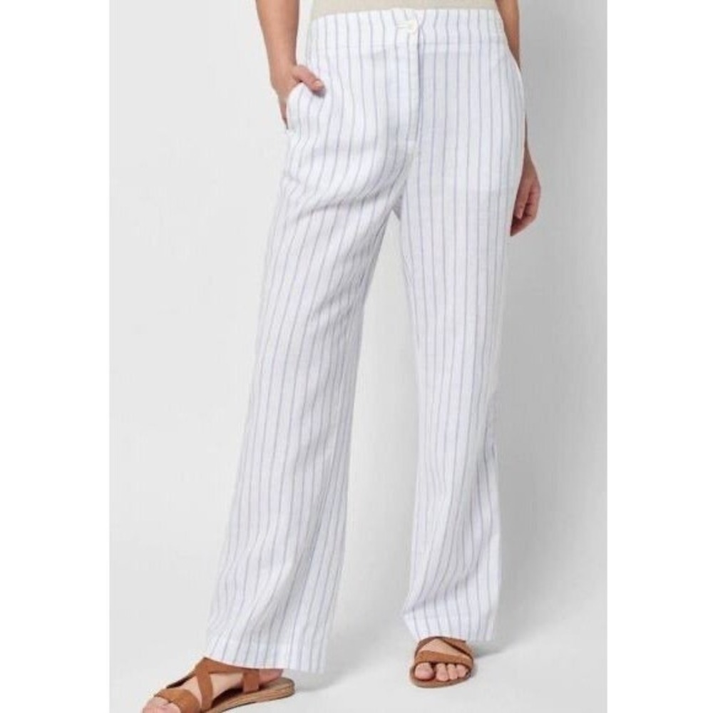 Faherty Malibu Linen Pant Women Small Blue White Stripe Lagenlook Preppy Coastal